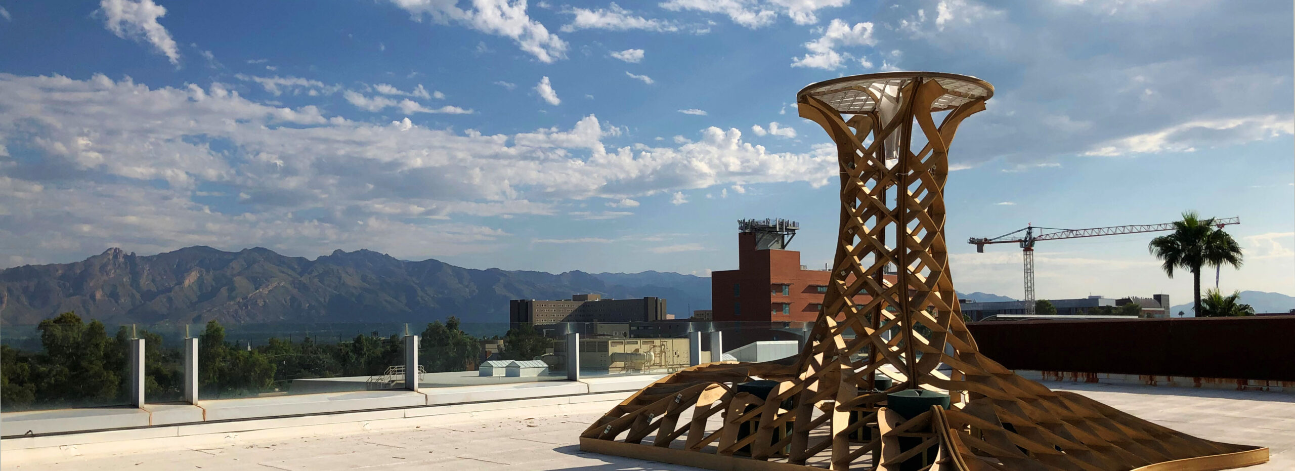 Aviv Hydroculus outdoor installation of wooden frame structure against the skyline